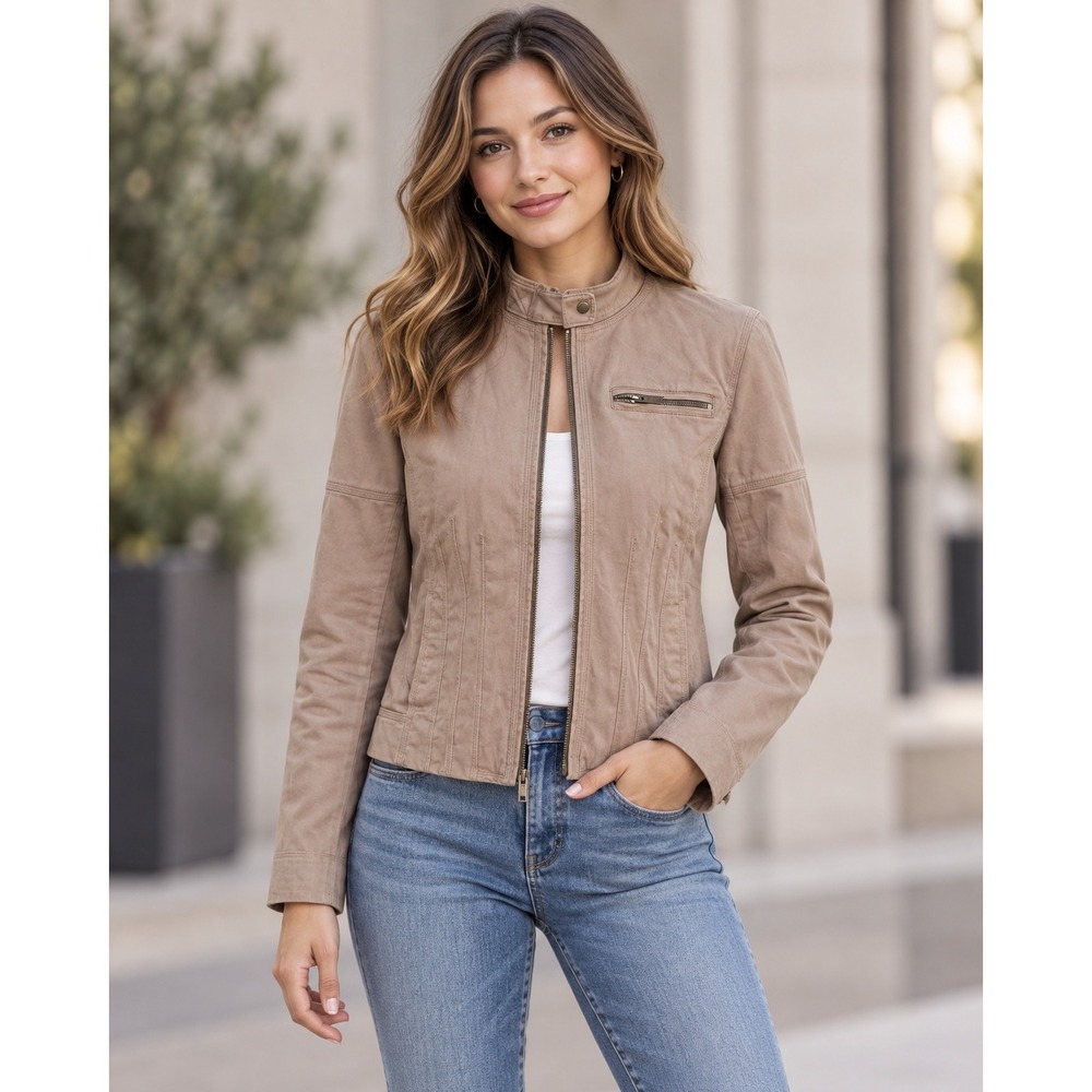 Banana Republic Tan Khaki Cotton Moto Jacket Cafe Racer Size 4 Elevated Casual